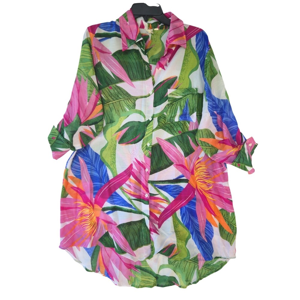 Tropical Floral Tunic Blouse Womens XL Button Up Long Sleeve Palm Leaf Resort